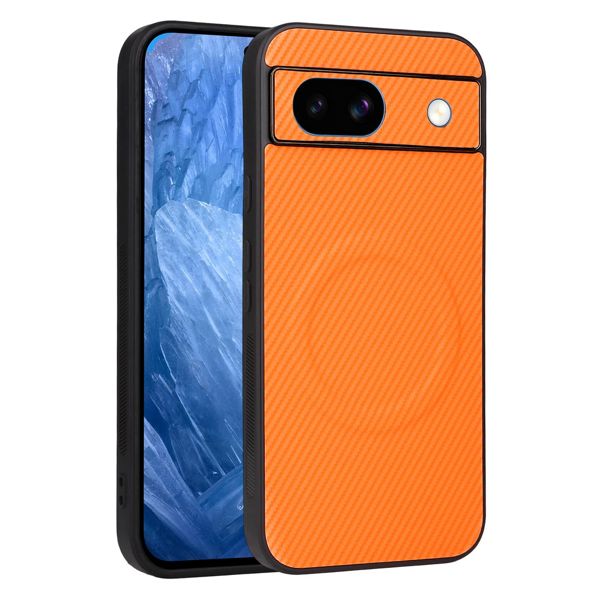 For Google Pixel 8a Precise Cutout Carbon Fiber Texture Vegan Leather Phone Case - Orange - EDA009801709A