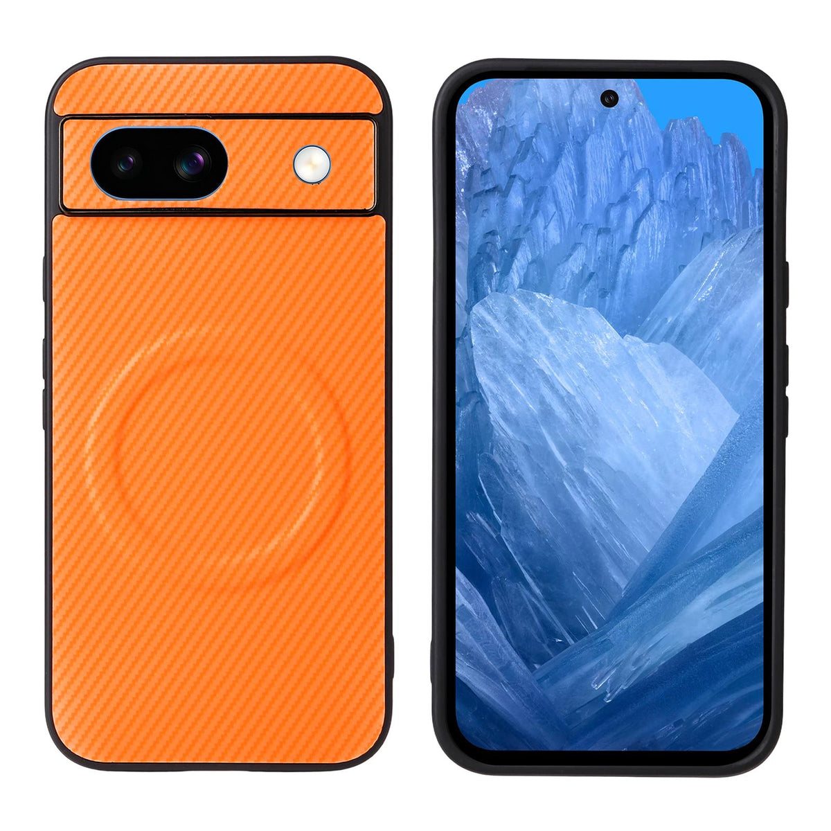 For Google Pixel 8a Precise Cutout Carbon Fiber Texture Vegan Leather Phone Case - Orange - EDA009801709A