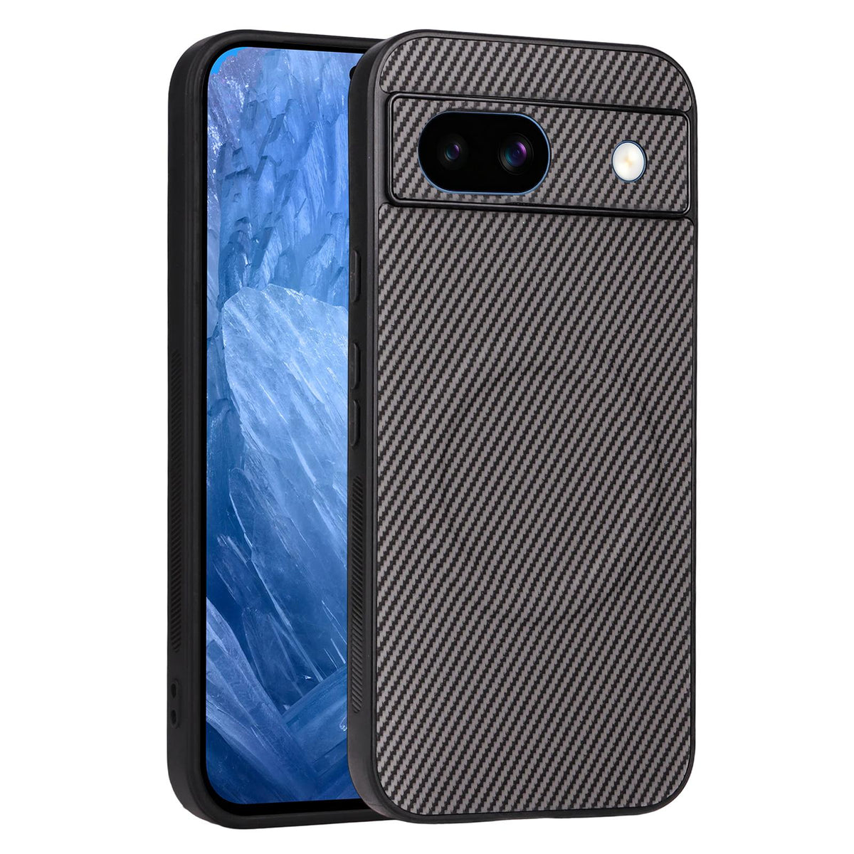 For Google Pixel 8a Precise Cutout Carbon Fiber Texture Vegan Leather Phone Case - Grey - EDA009801709C