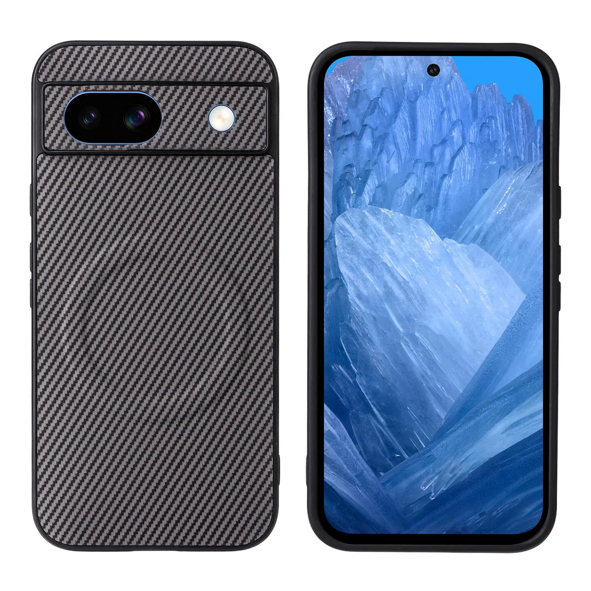 For Google Pixel 8a Precise Cutout Carbon Fiber Texture Vegan Leather Phone Case - Grey - EDA009801709C