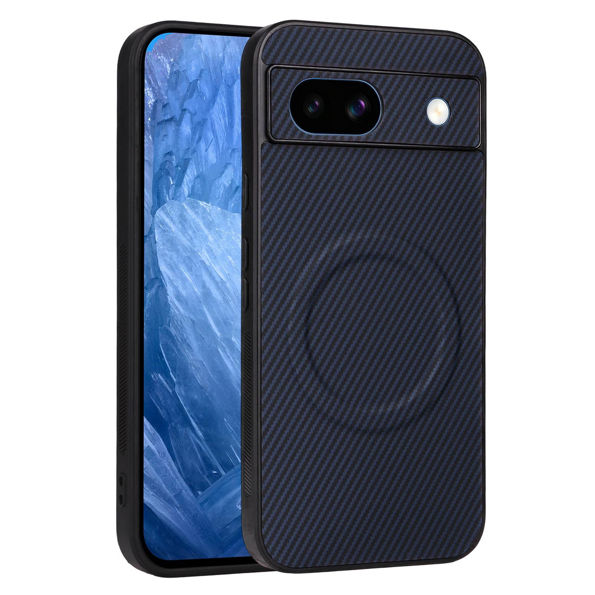 For Google Pixel 8a Precise Cutout Carbon Fiber Texture Vegan Leather Phone Case - Blue - EDA009801709D