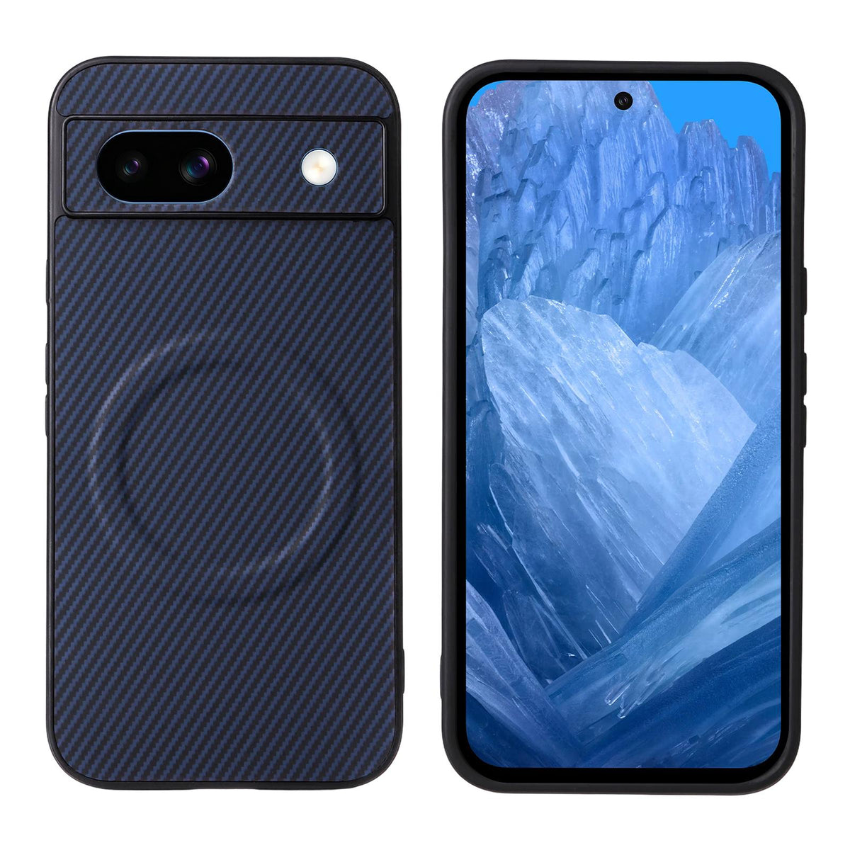 For Google Pixel 8a Precise Cutout Carbon Fiber Texture Vegan Leather Phone Case - Blue - EDA009801709D
