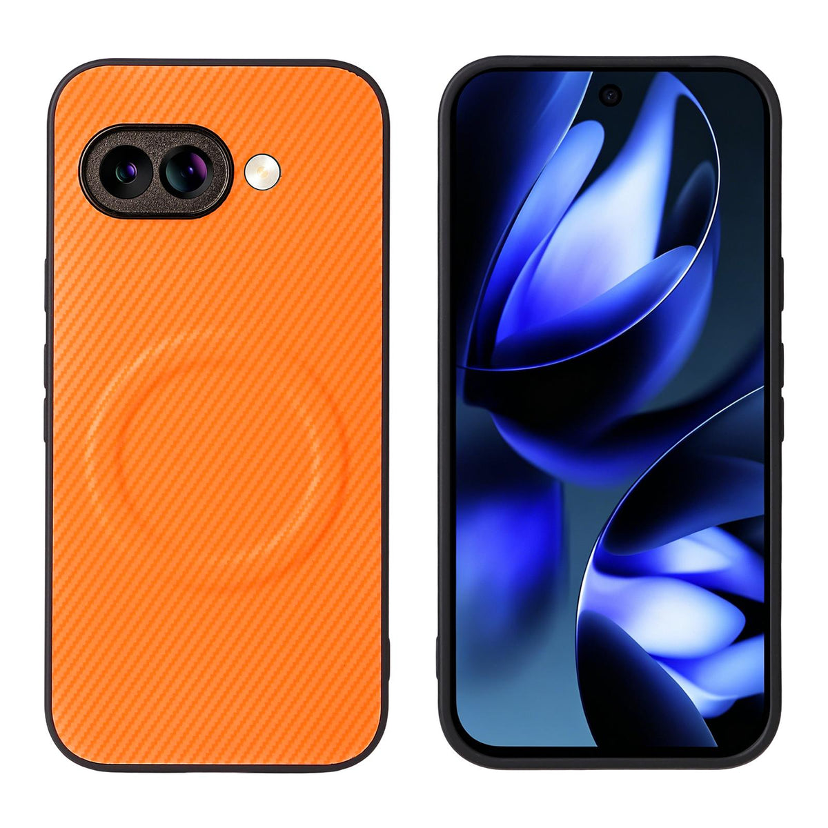 For Google Pixel 9a Precise Cutout Carbon Fiber Texture Vegan Leather Phone Case - Orange - EDA009801712A
