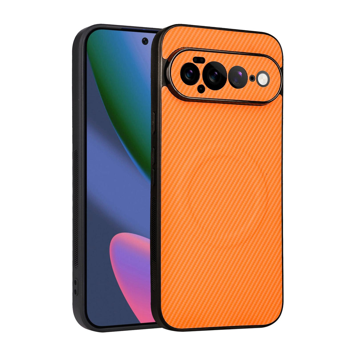 For Google Pixel 11 Pro XL Precise Cutout Carbon Fiber Texture Vegan Leather Phone Case - Orange - EDA009801716A