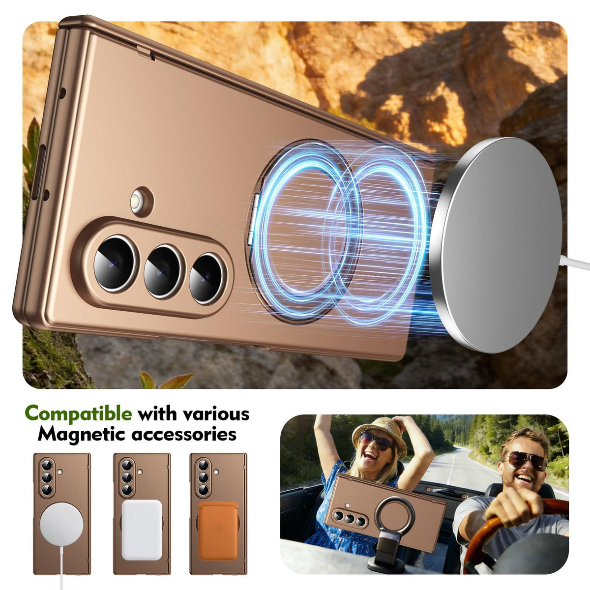 For Galaxy Z Fold8 Ultra 5G Rotation Magnetic Ring Holder Hinge Integrated Film Phone Case - Gold - EDA009804302C