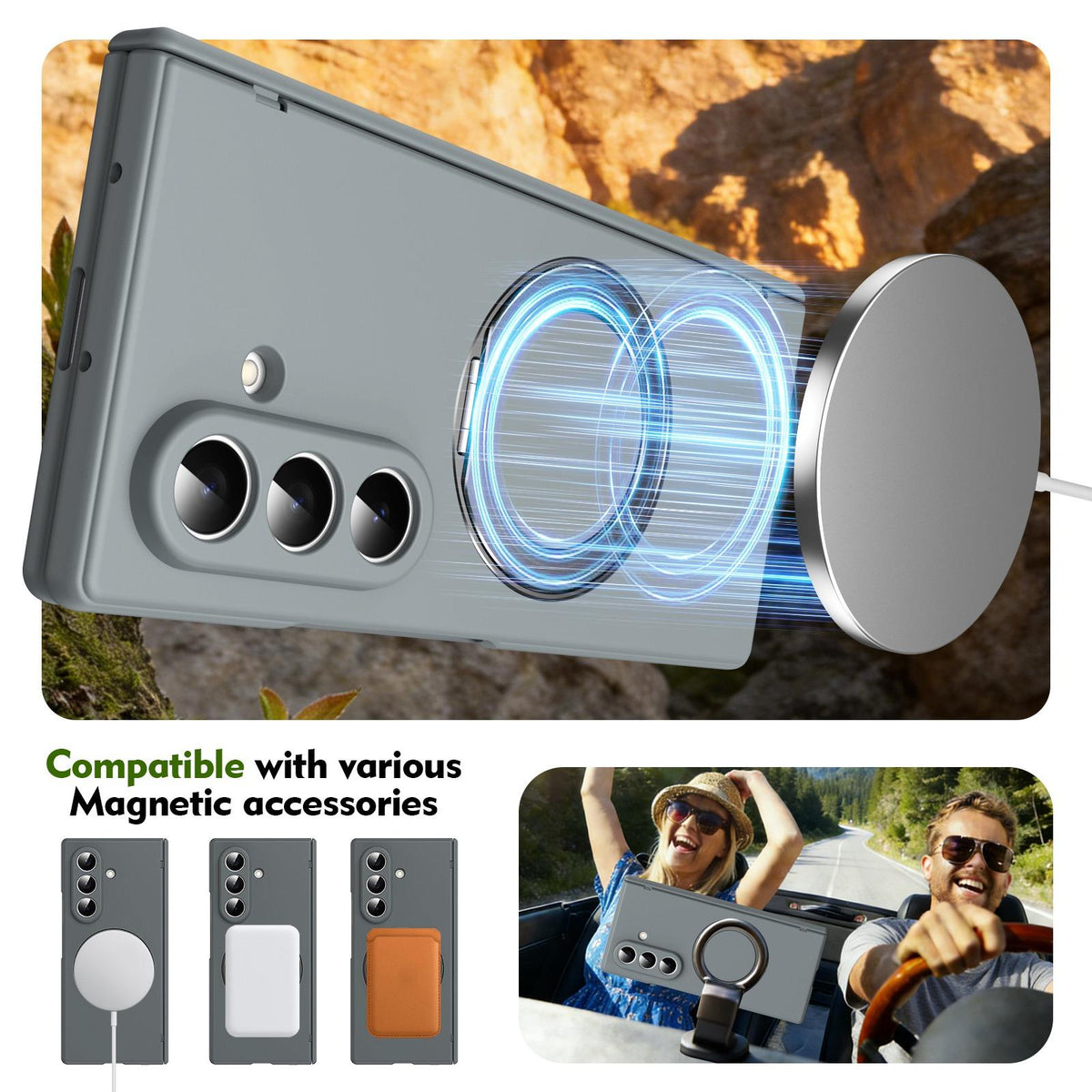 For Galaxy Z Fold8 Ultra 5G Rotation Magnetic Ring Holder Hinge Integrated Film Phone Case - Grey - EDA009804302D
