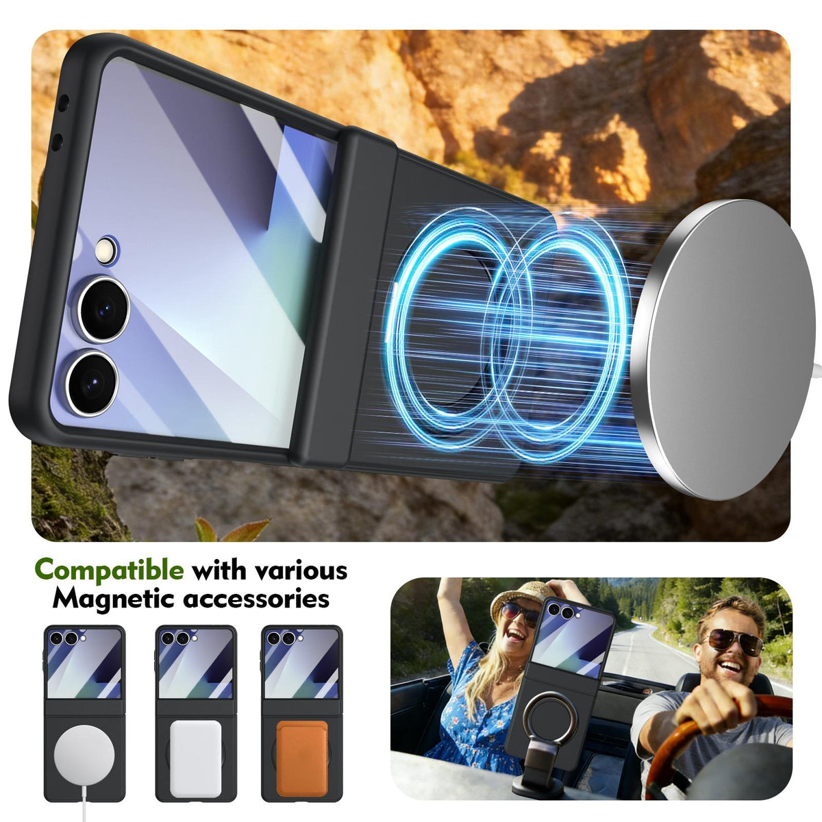 For Galaxy Z Flip8 5G Rotation Magnetic Ring Holder Hinge Integrated Film Phone Case - Black - EDA009804303A