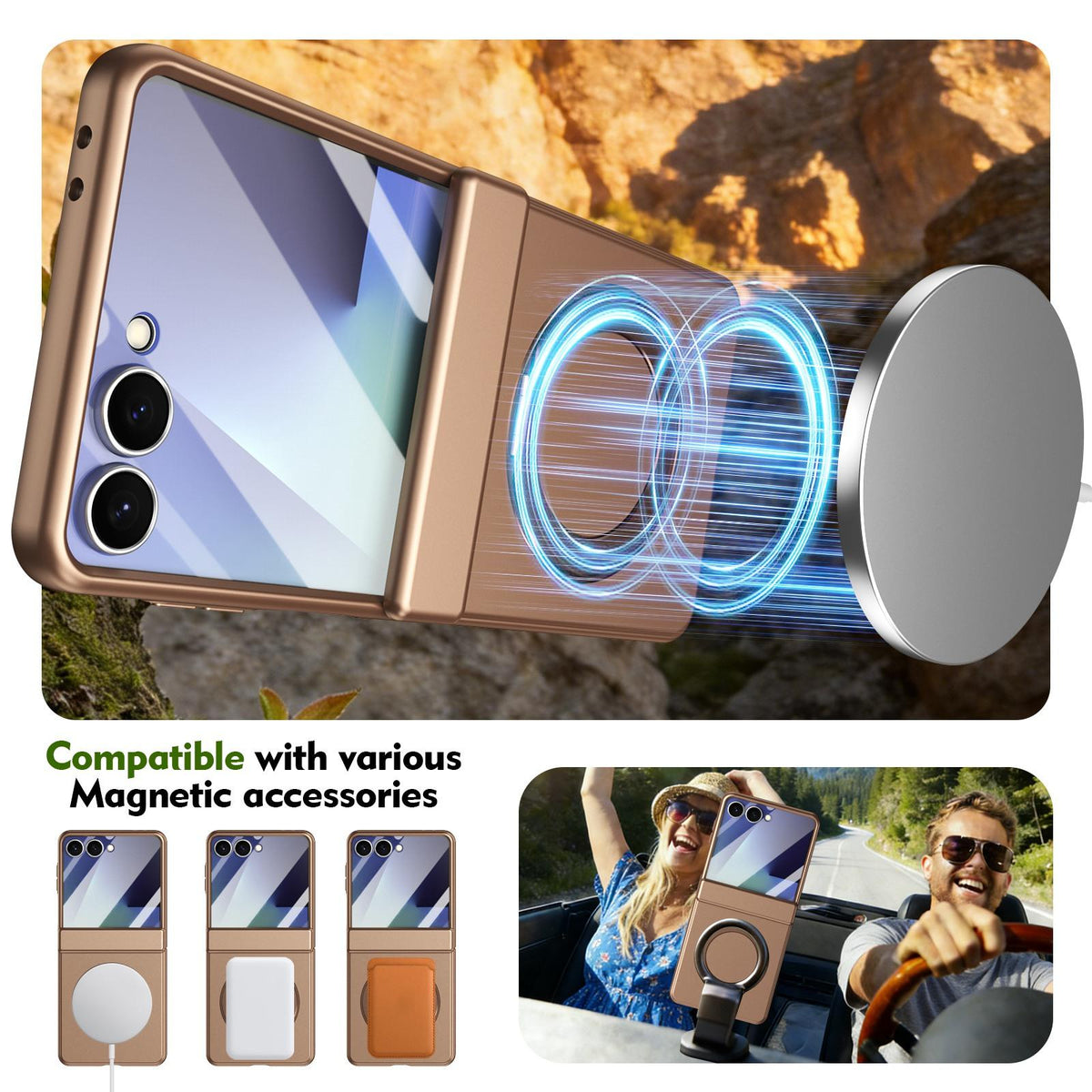 For Galaxy Z Flip8 5G Rotation Magnetic Ring Holder Hinge Integrated Film Phone Case - Gold - EDA009804303C