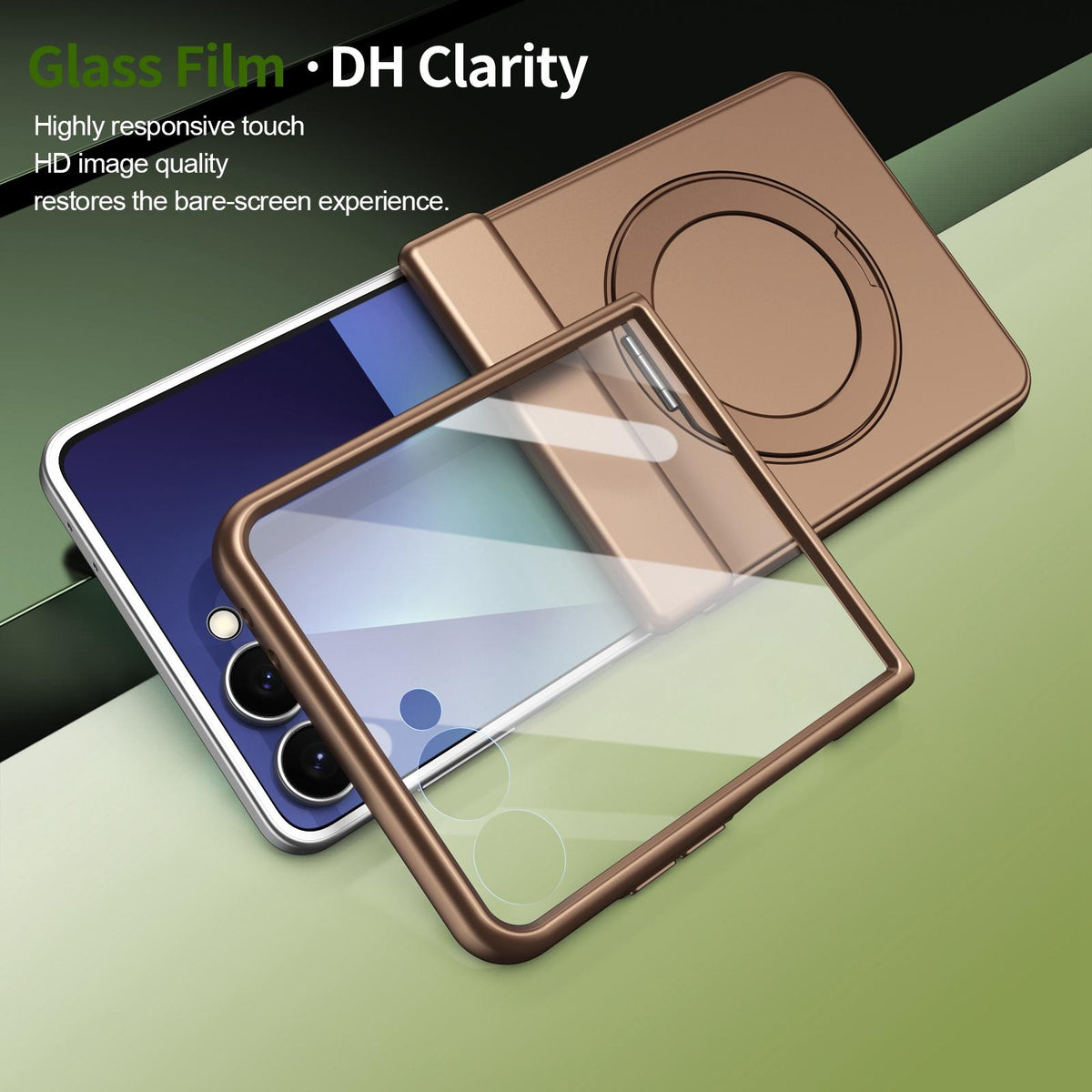 For Galaxy Z Flip8 5G Rotation Magnetic Ring Holder Hinge Integrated Film Phone Case - Gold - EDA009804303C