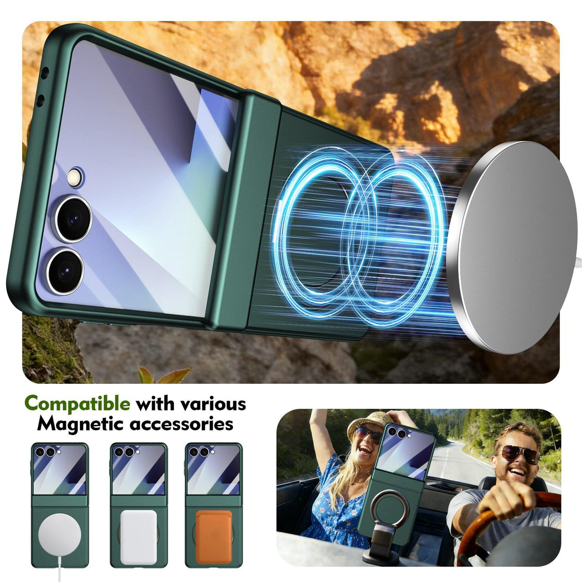 For Galaxy Z Flip8 5G Rotation Magnetic Ring Holder Hinge Integrated Film Phone Case - Green - EDA009804303E