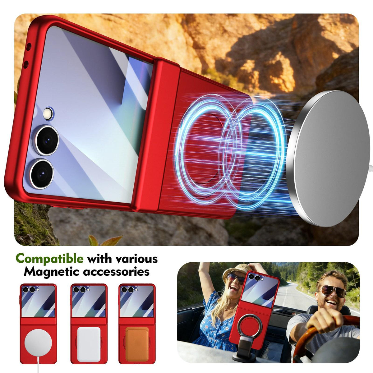 For Galaxy Z Flip8 5G Rotation Magnetic Ring Holder Hinge Integrated Film Phone Case - Red - EDA009804303F