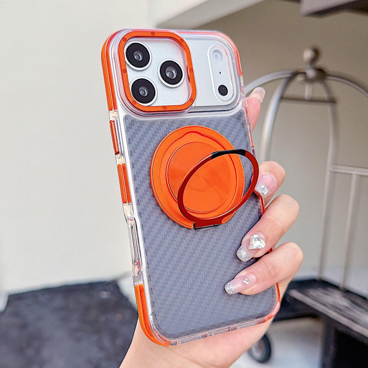 For iPhone 17 Pro Max Dual-Color Carbon Fiber Texture Rotation Holder Magnetic Phone Case - Orange - EDA009807901A