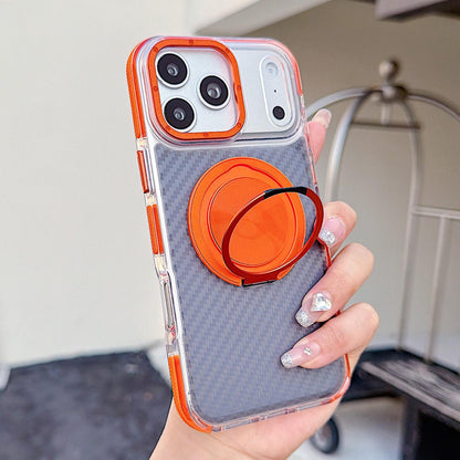 For iPhone 17 Pro Max Dual-Color Carbon Fiber Texture Rotation Holder Magnetic Phone Case - Orange - EDA009807901A