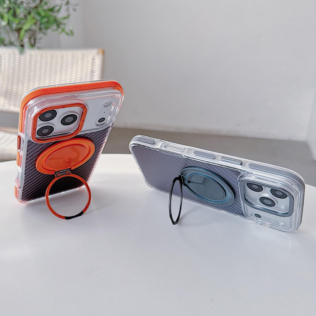 For iPhone 17 Pro Max Dual-Color Carbon Fiber Texture Rotation Holder Magnetic Phone Case - Orange - EDA009807901A