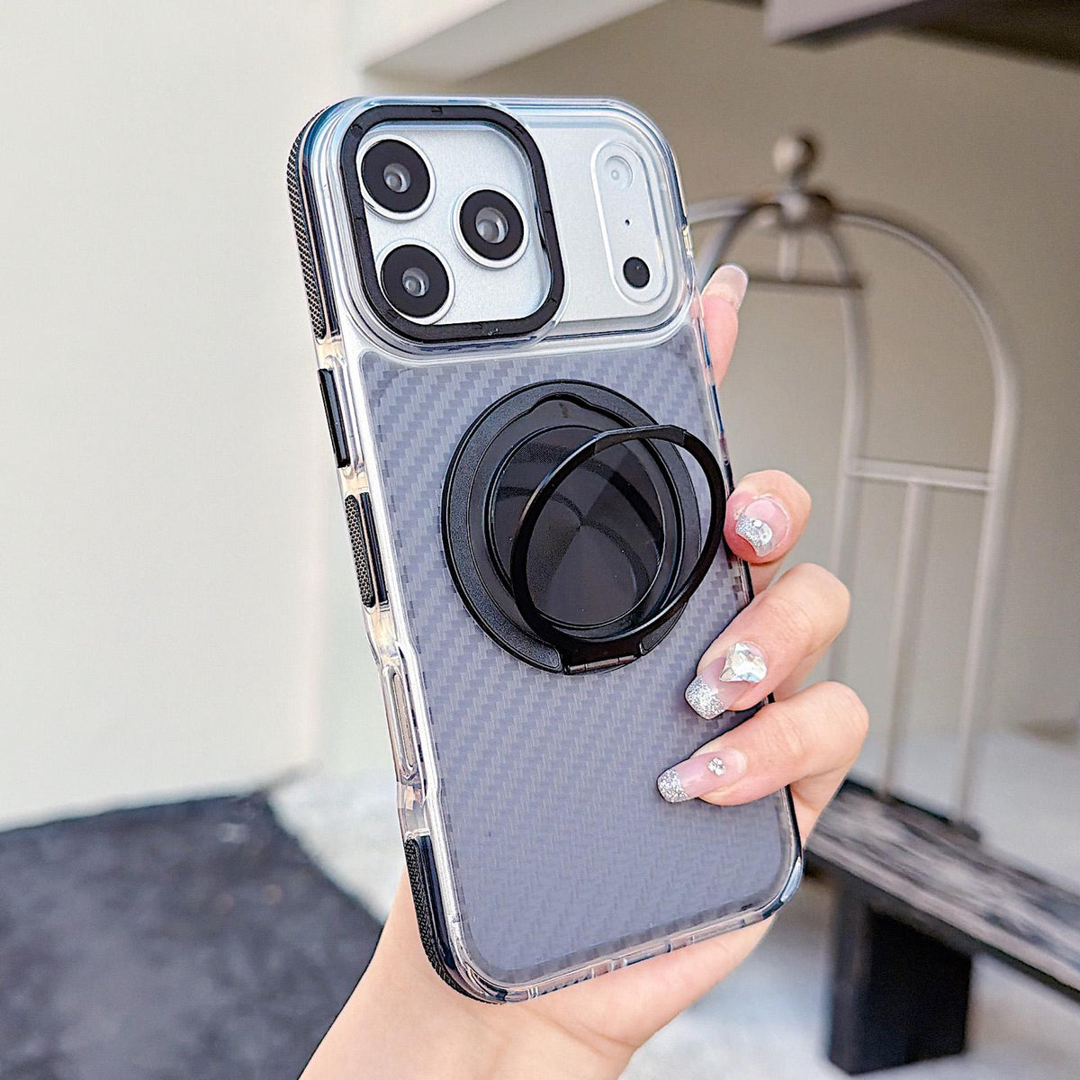 For iPhone 17 Pro Max Dual-Color Carbon Fiber Texture Rotation Holder Magnetic Phone Case - Black - EDA009807901B