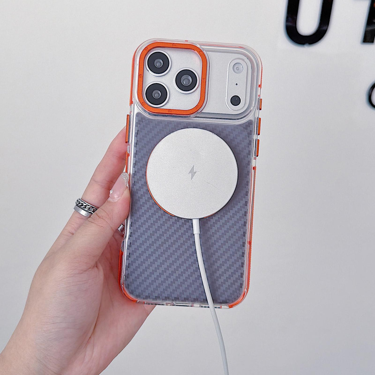 For iPhone 17 Pro Max Dual-Color Carbon Fiber Texture Rotation Holder Magnetic Phone Case - Black - EDA009807901B