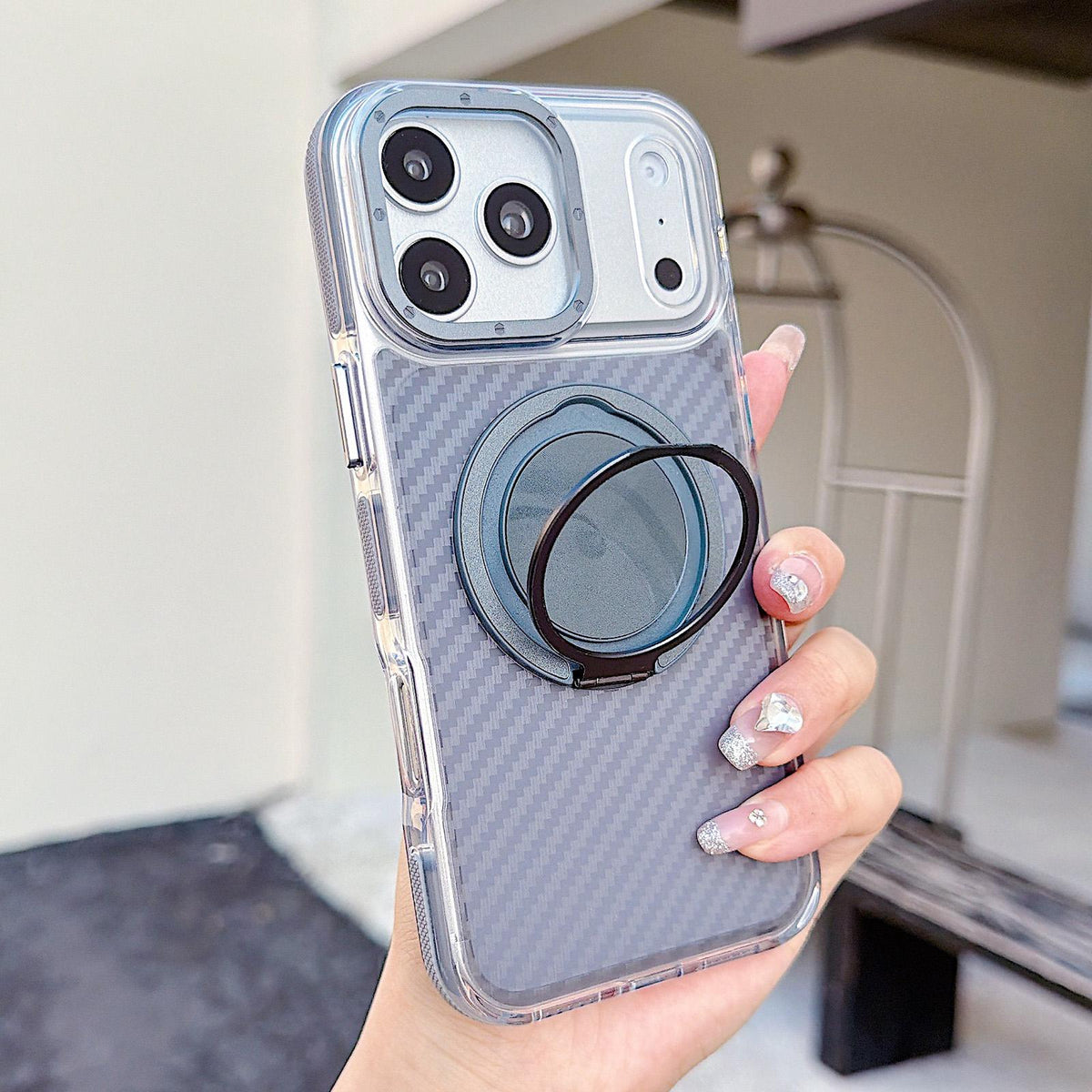 For iPhone 17 Pro Max Dual-Color Carbon Fiber Texture Rotation Holder Magnetic Phone Case - Gray - EDA009807901C
