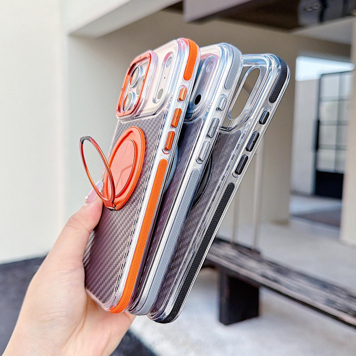For iPhone 17 Pro Max Dual-Color Carbon Fiber Texture Rotation Holder Magnetic Phone Case - Gray - EDA009807901C