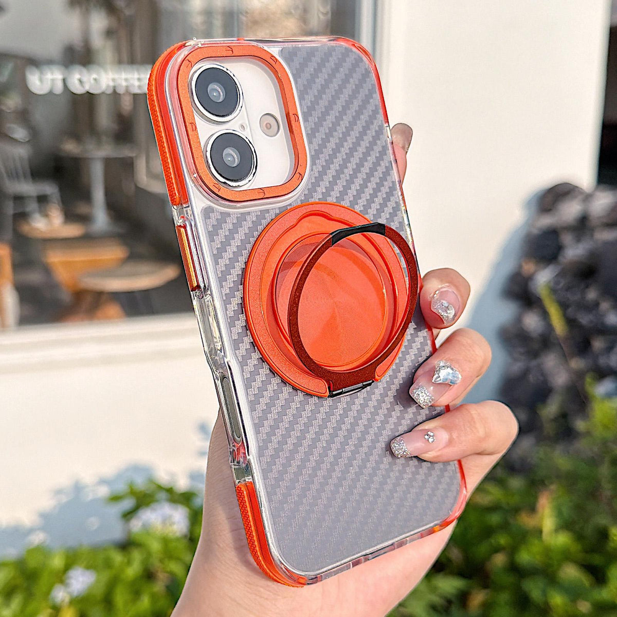 For iPhone 17 Dual-Color Carbon Fiber Texture Rotation Holder Magnetic Phone Case - Orange - EDA009807902A