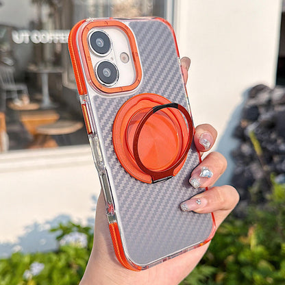 For iPhone 17 Dual-Color Carbon Fiber Texture Rotation Holder Magnetic Phone Case - Orange - EDA009807902A