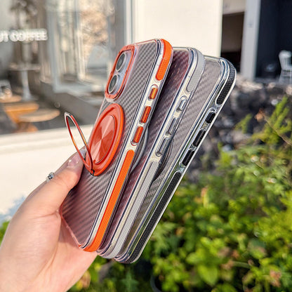 For iPhone 17 Dual-Color Carbon Fiber Texture Rotation Holder Magnetic Phone Case - Orange - EDA009807902A
