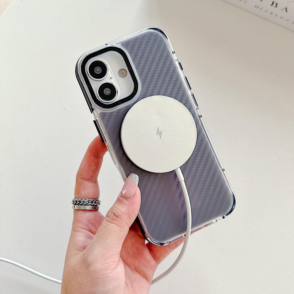 For iPhone 17 Dual-Color Carbon Fiber Texture Rotation Holder Magnetic Phone Case - Orange - EDA009807902A