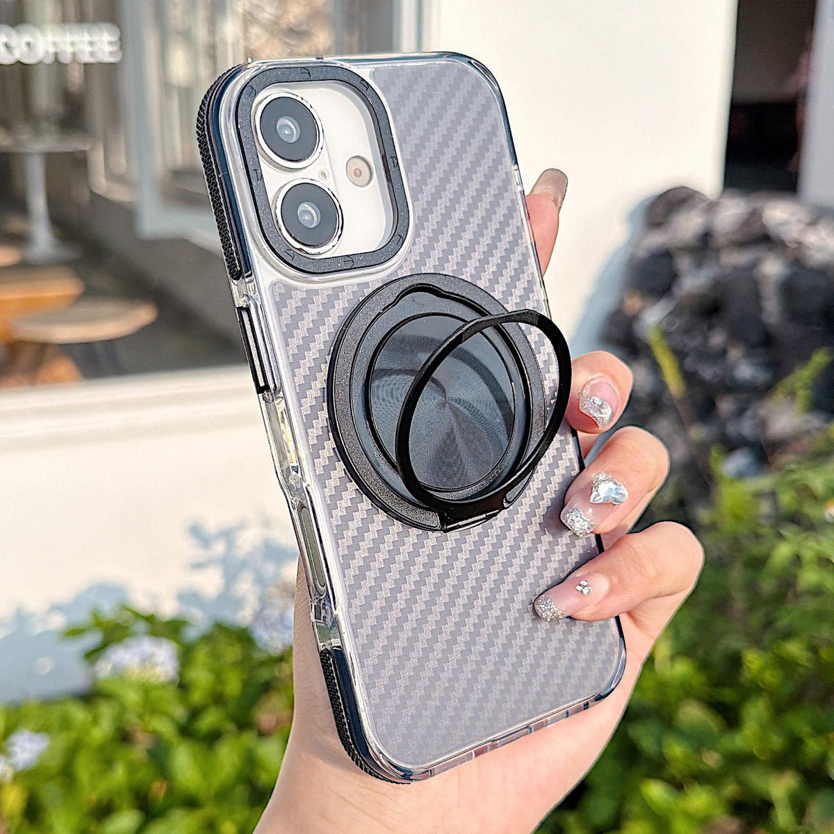 For iPhone 17 Dual-Color Carbon Fiber Texture Rotation Holder Magnetic Phone Case - Black - EDA009807902B