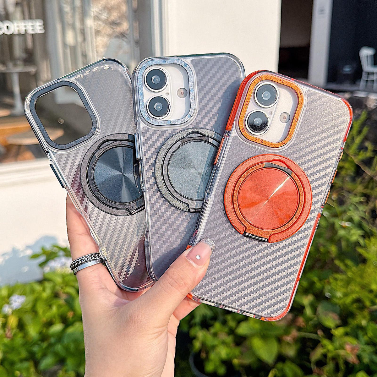 For iPhone 17 Dual-Color Carbon Fiber Texture Rotation Holder Magnetic Phone Case - Black - EDA009807902B