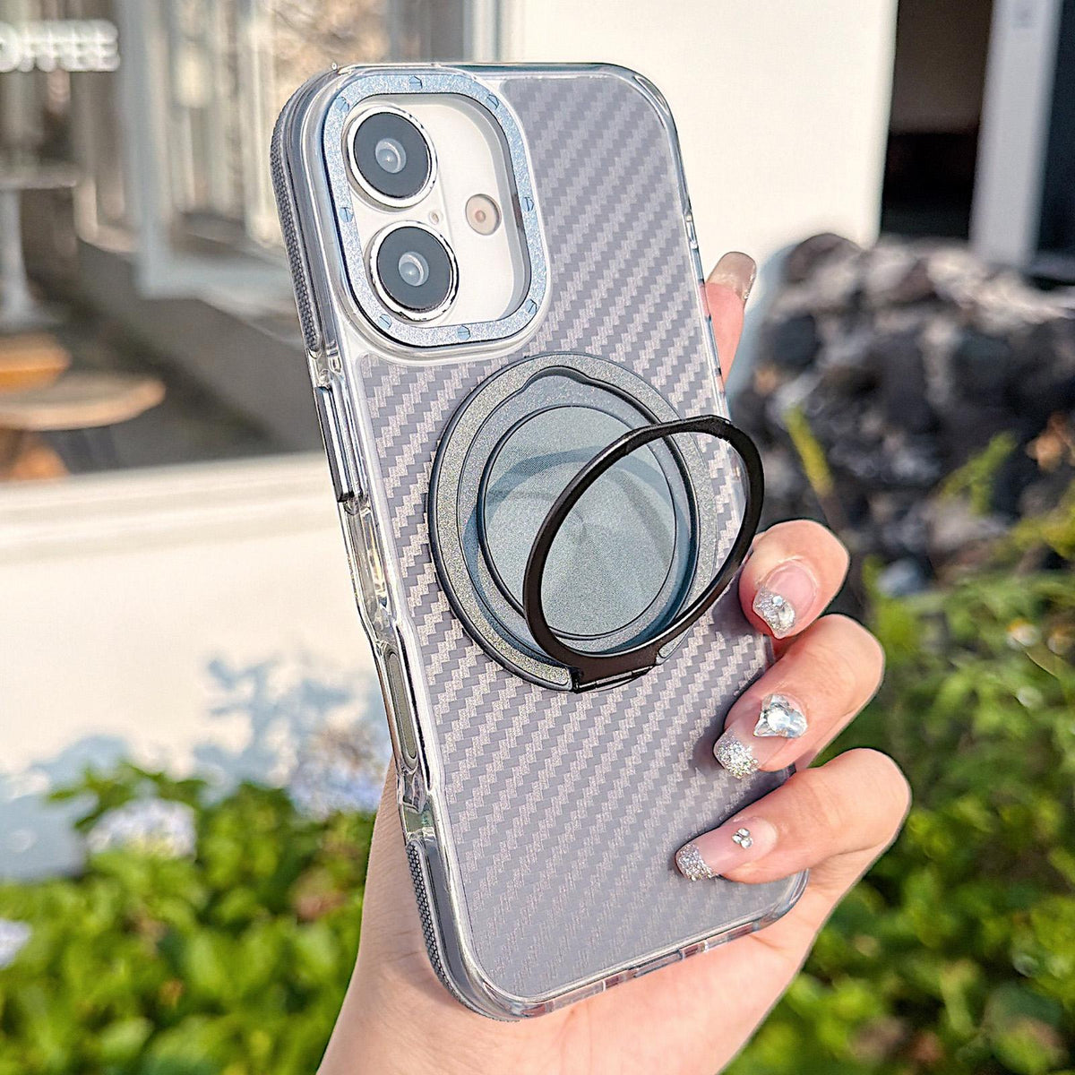 For iPhone 17 Dual-Color Carbon Fiber Texture Rotation Holder Magnetic Phone Case - Gray - EDA009807902C