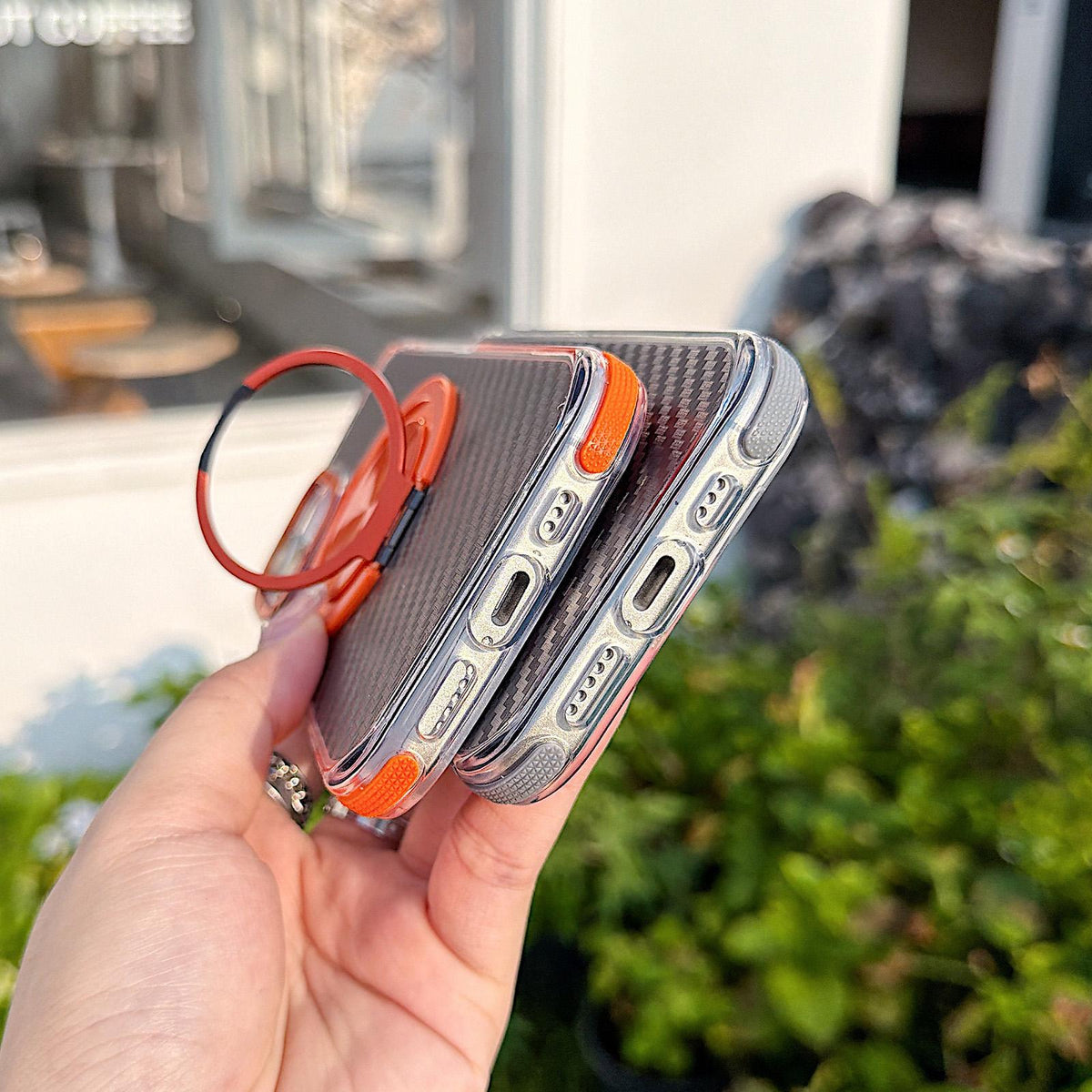 For iPhone 17 Dual-Color Carbon Fiber Texture Rotation Holder Magnetic Phone Case - Gray - EDA009807902C
