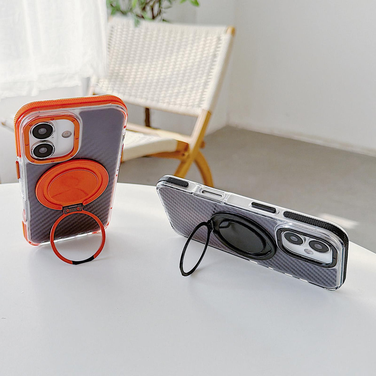 For iPhone 17 Dual-Color Carbon Fiber Texture Rotation Holder Magnetic Phone Case - Gray - EDA009807902C