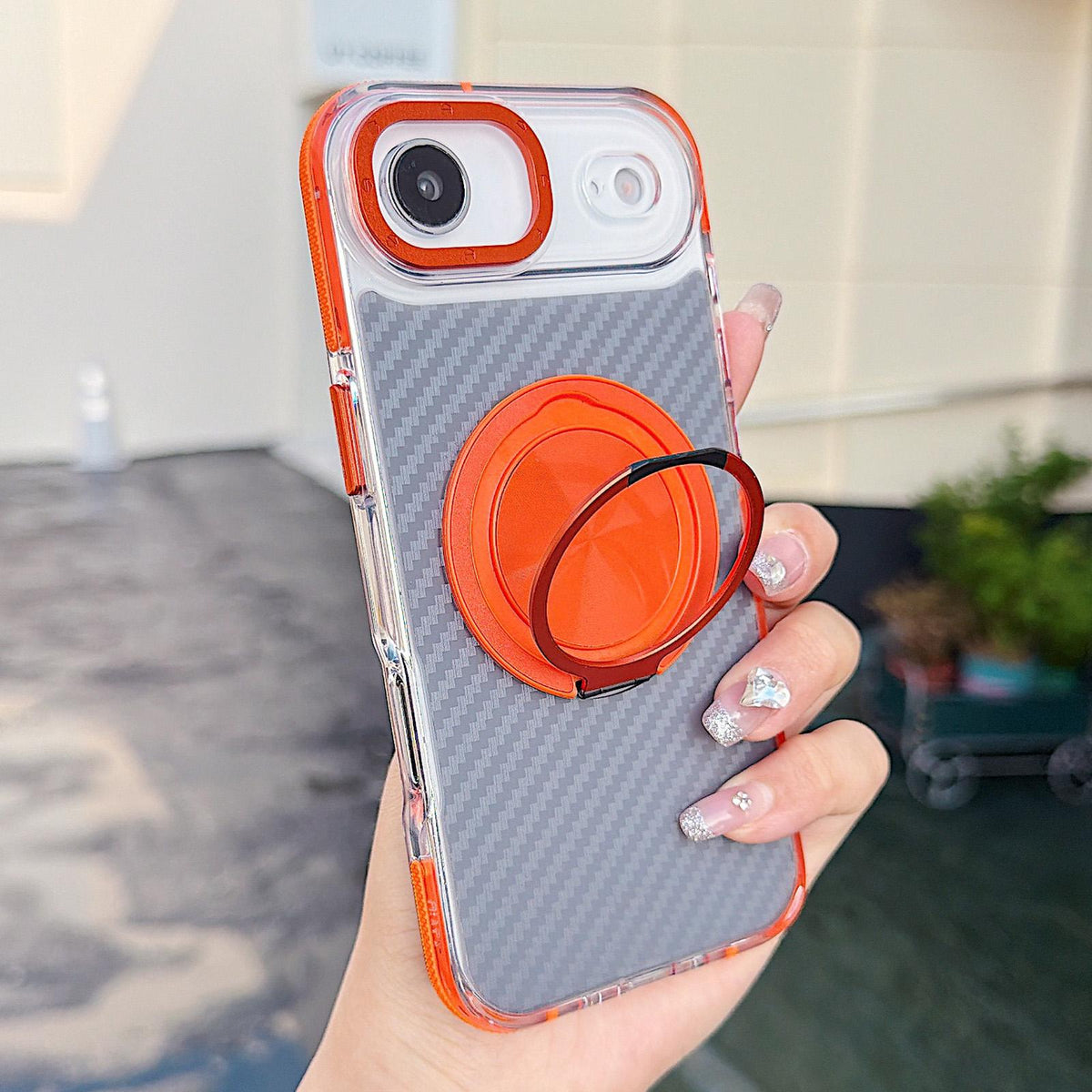 For iPhone Air Dual-Color Carbon Fiber Texture Rotation Holder Magnetic Phone Case - Orange - EDA009807903A