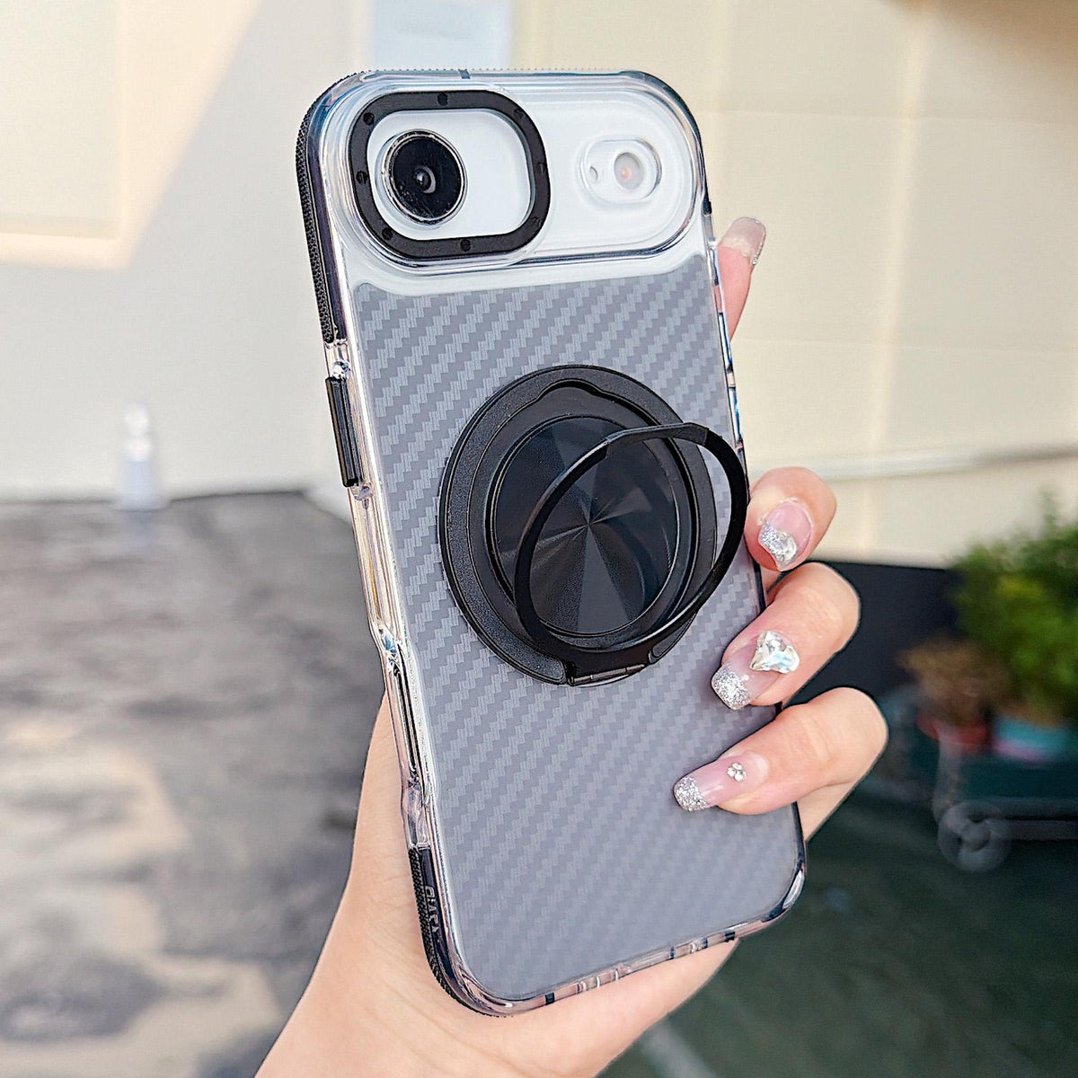 For iPhone Air Dual-Color Carbon Fiber Texture Rotation Holder Magnetic Phone Case - Black - EDA009807903B