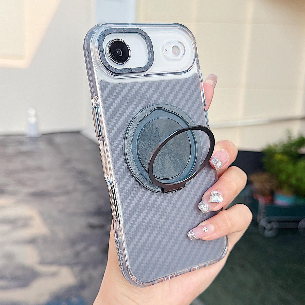 For iPhone Air Dual-Color Carbon Fiber Texture Rotation Holder Magnetic Phone Case - Gray - EDA009807903C