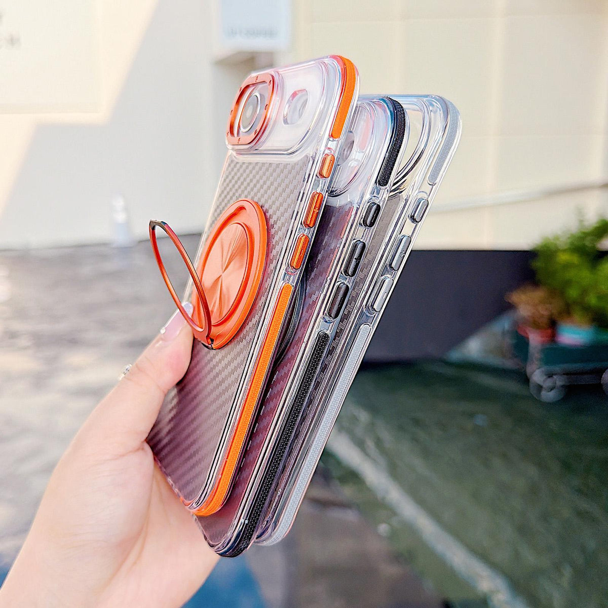 For iPhone Air Dual-Color Carbon Fiber Texture Rotation Holder Magnetic Phone Case - Gray - EDA009807903C