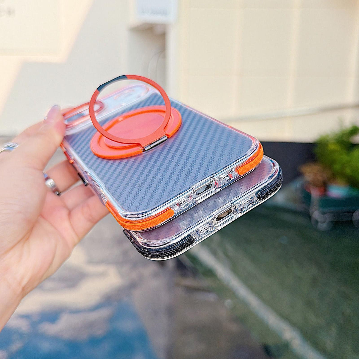 For iPhone Air Dual-Color Carbon Fiber Texture Rotation Holder Magnetic Phone Case - Gray - EDA009807903C