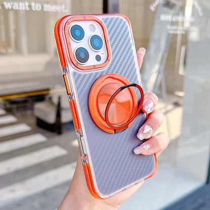 For iPhone 16 Pro Max Dual-Color Carbon Fiber Texture Rotation Holder Magnetic Phone Case - Orange - EDA009807904A