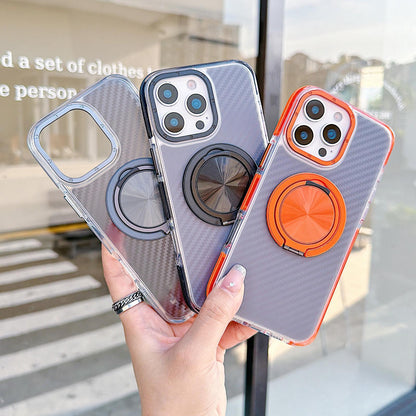 For iPhone 16 Pro Max Dual-Color Carbon Fiber Texture Rotation Holder Magnetic Phone Case - Orange - EDA009807904A