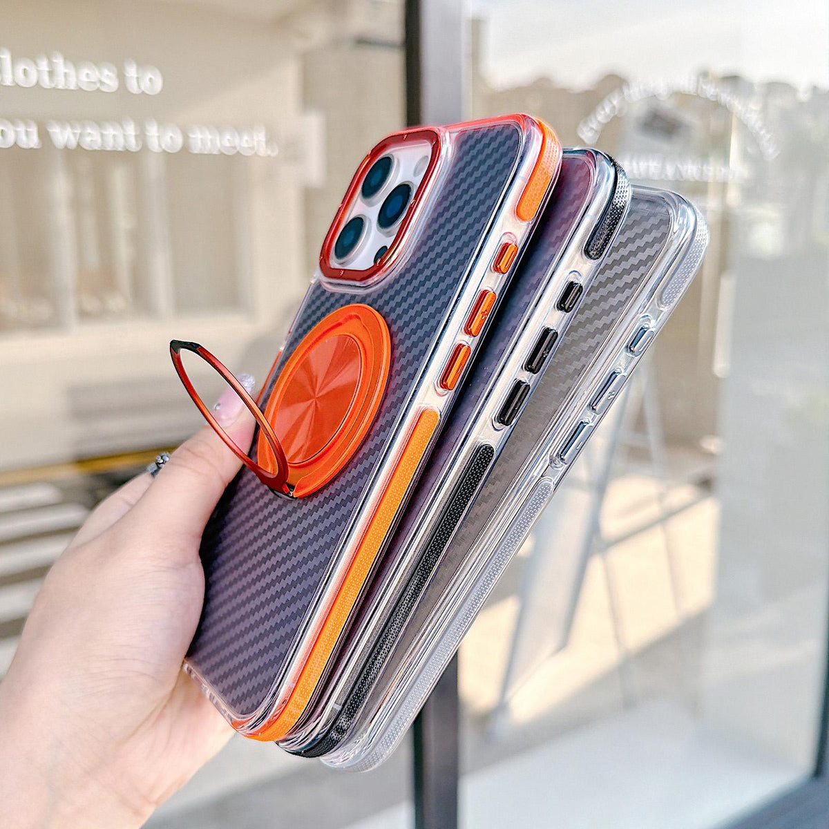 For iPhone 16 Pro Max Dual-Color Carbon Fiber Texture Rotation Holder Magnetic Phone Case - Orange - EDA009807904A