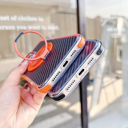 For iPhone 16 Pro Max Dual-Color Carbon Fiber Texture Rotation Holder Magnetic Phone Case - Orange - EDA009807904A