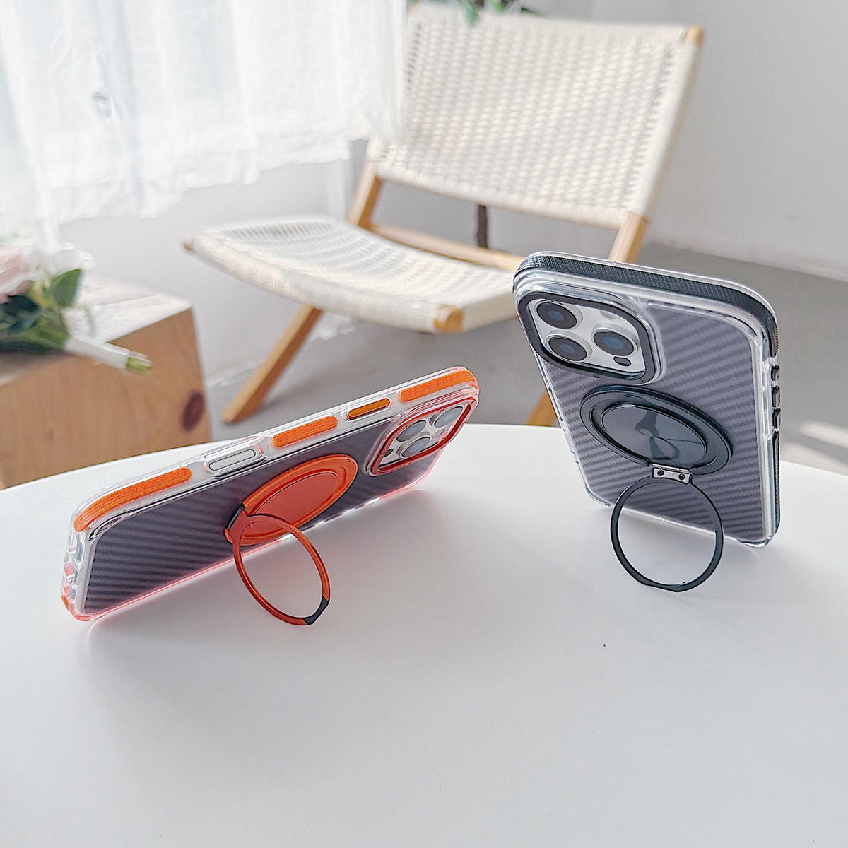 For iPhone 16 Pro Max Dual-Color Carbon Fiber Texture Rotation Holder Magnetic Phone Case - Orange - EDA009807904A
