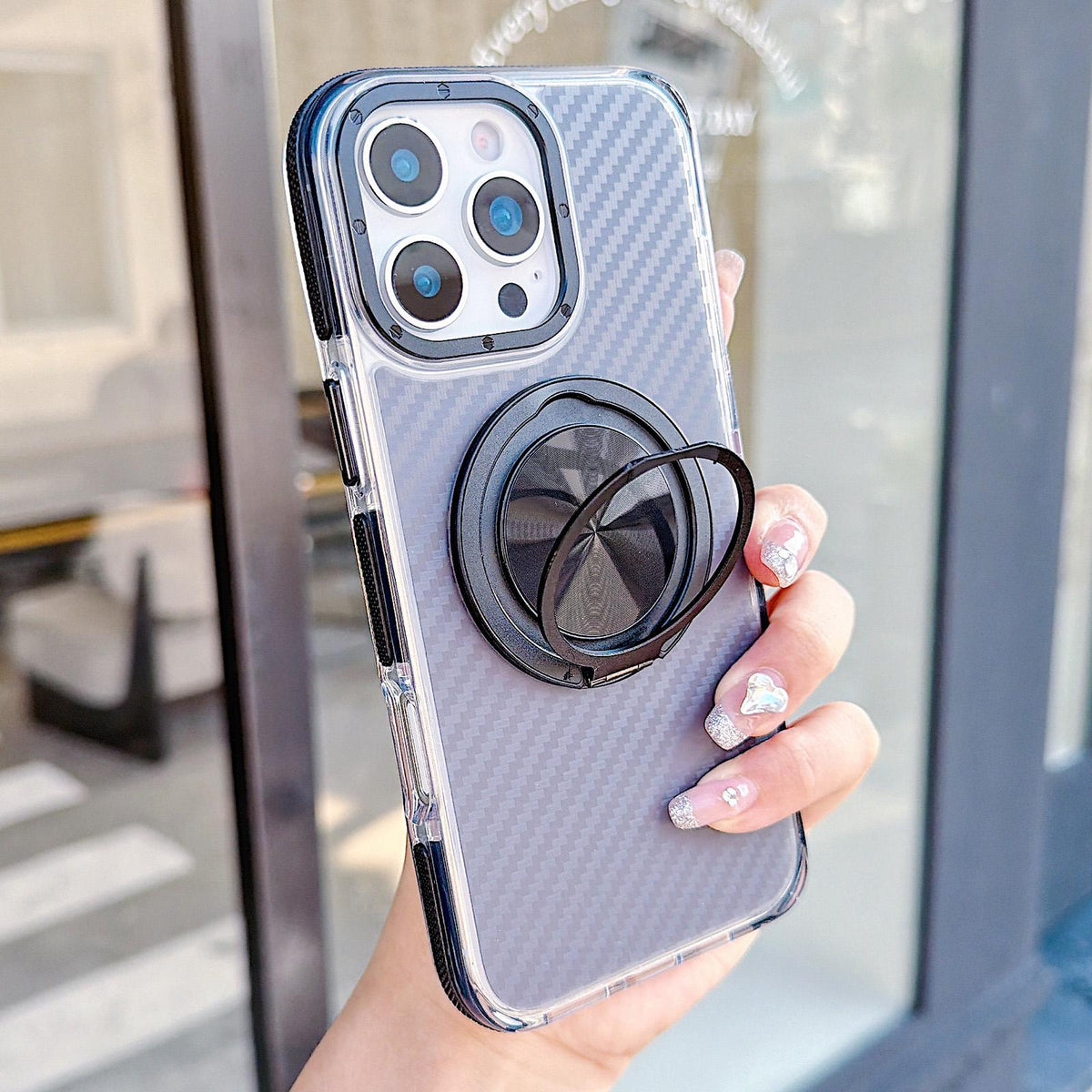 For iPhone 16 Pro Max Dual-Color Carbon Fiber Texture Rotation Holder Magnetic Phone Case - Black - EDA009807904B