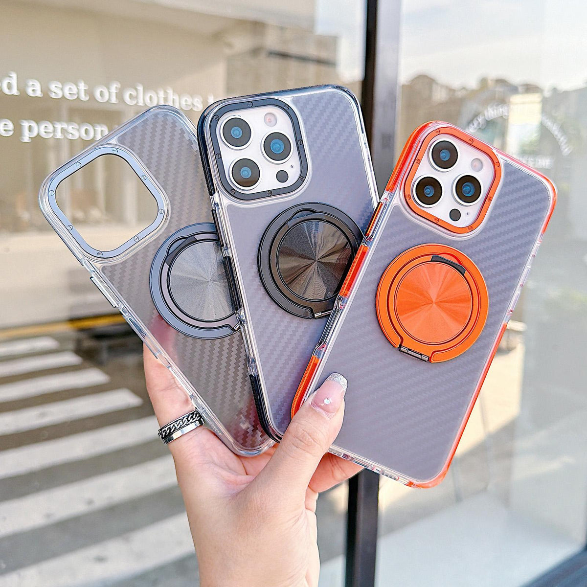 For iPhone 16 Pro Max Dual-Color Carbon Fiber Texture Rotation Holder Magnetic Phone Case - Gray - EDA009807904C