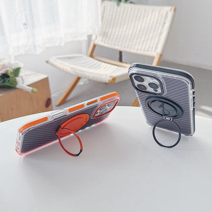 For iPhone 16 Pro Max Dual-Color Carbon Fiber Texture Rotation Holder Magnetic Phone Case - Gray - EDA009807904C