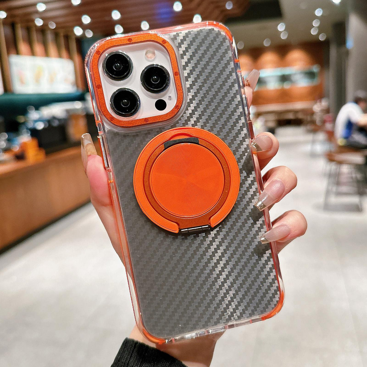 For iPhone 15 Pro Max Dual-Color Carbon Fiber Texture Rotation Holder Magnetic Phone Case - Orange - EDA009807905A
