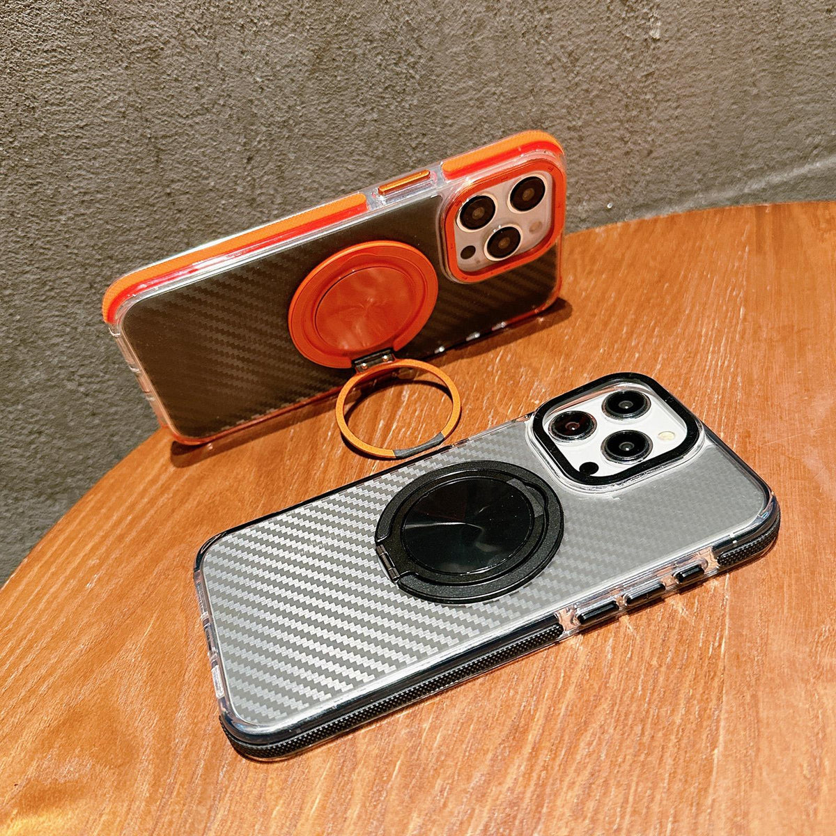 For iPhone 15 Pro Max Dual-Color Carbon Fiber Texture Rotation Holder Magnetic Phone Case - Orange - EDA009807905A