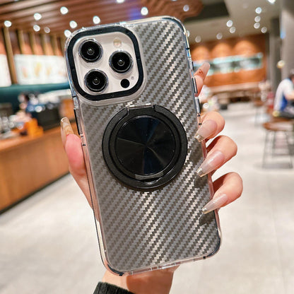 For iPhone 15 Pro Max Dual-Color Carbon Fiber Texture Rotation Holder Magnetic Phone Case - Black - EDA009807905B