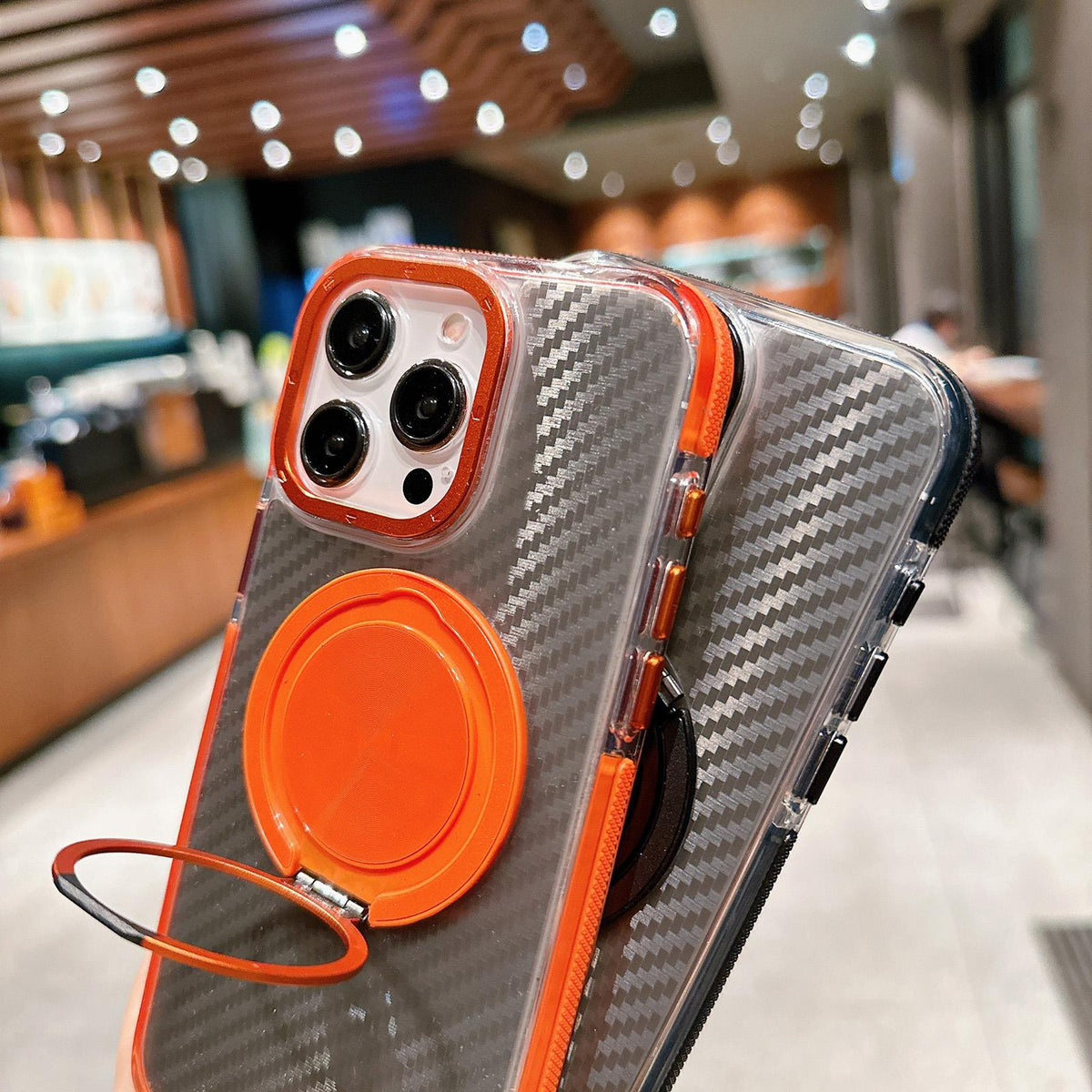 For iPhone 15 Pro Max Dual-Color Carbon Fiber Texture Rotation Holder Magnetic Phone Case - Black - EDA009807905B