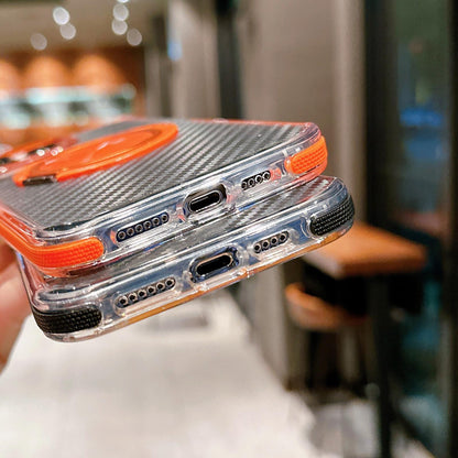 For iPhone 15 Pro Max Dual-Color Carbon Fiber Texture Rotation Holder Magnetic Phone Case - Black - EDA009807905B