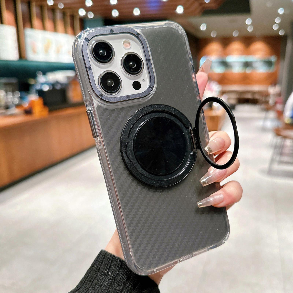 For iPhone 15 Pro Max Dual-Color Carbon Fiber Texture Rotation Holder Magnetic Phone Case - Gray - EDA009807905C